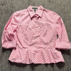 Lauren Ralph Lauren Pink Gingham Ruffle Blouse Sz 6P Girlhoodcore Barbiecore